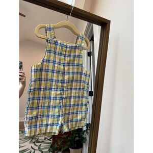 IMP Vintage Kids Plaid Overalls Yellow Blue Romper Shortall USA Seersucker Sz 4T